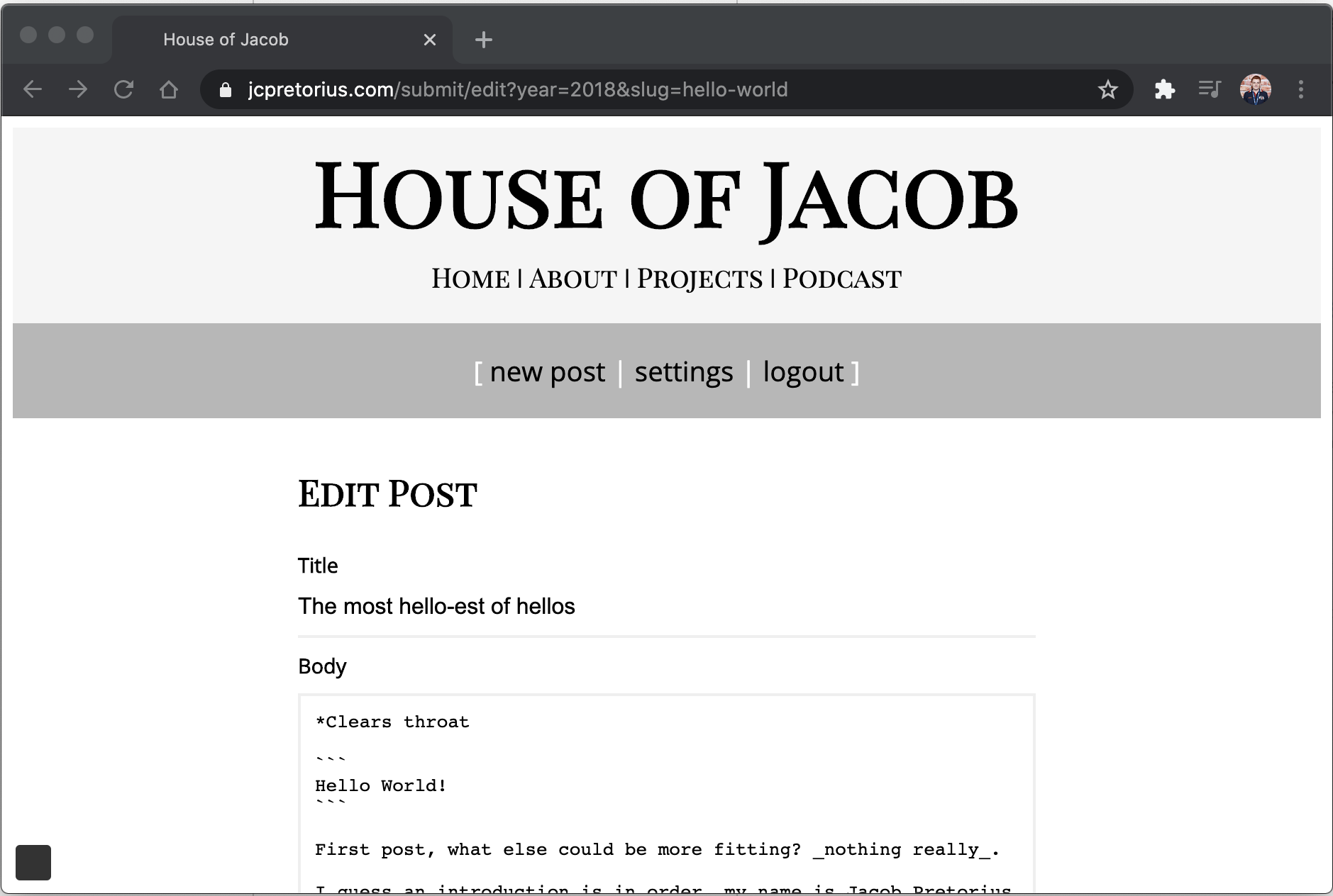 House of Jacob blog admin edit view